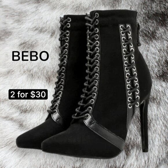 Bebo Shoes - BEBO Goth Vixen Studded Lace Up Black Crushed Velevet Bootie Heels